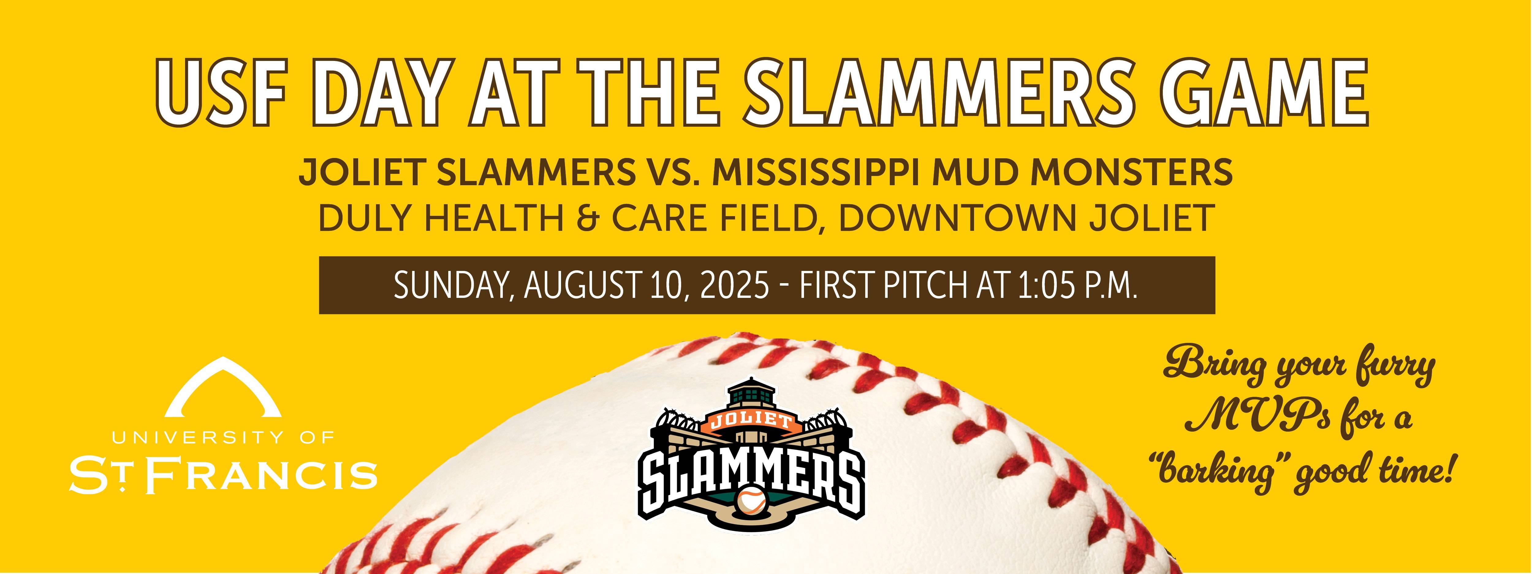 A graphic with baseball advertising USF Day at the Slammers on Sunday August 10 at 1:05 p.m.