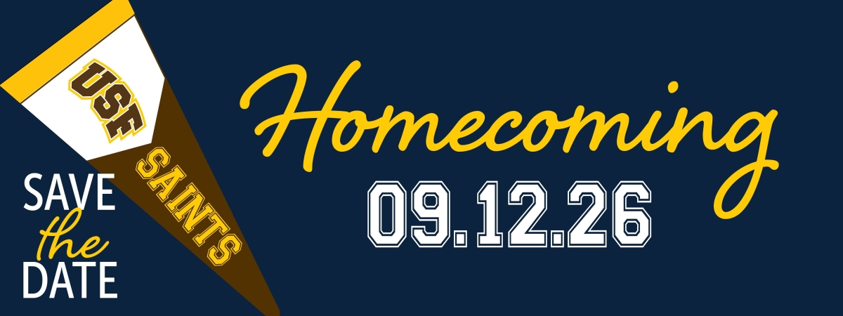 Graphic with USF pennant advertising that Homecoming is September 12, 2026